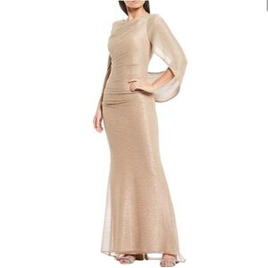 $249 NWT Betsy & Adam Formal Evening Gown Size 4 Gold Cape Dress Wedding Party